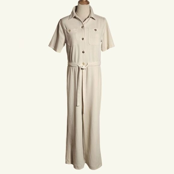 Tommy Hilfiger Cream Wide Leg Tie Short Sleeve Jumpsuit - Picture 1 of 7